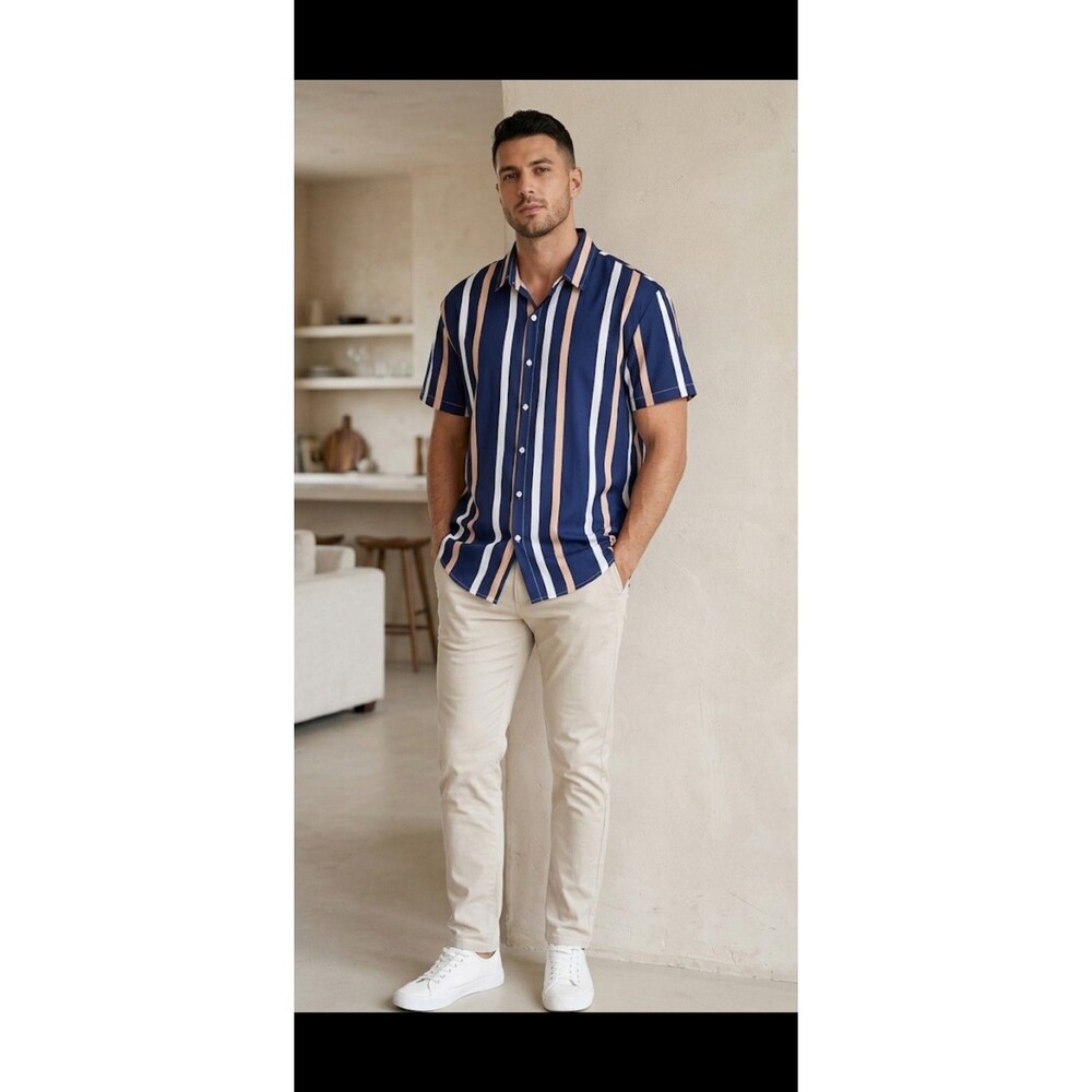 ​Manfinity XXL Short Sleeve Button Down: Navy, White, Peach Striped